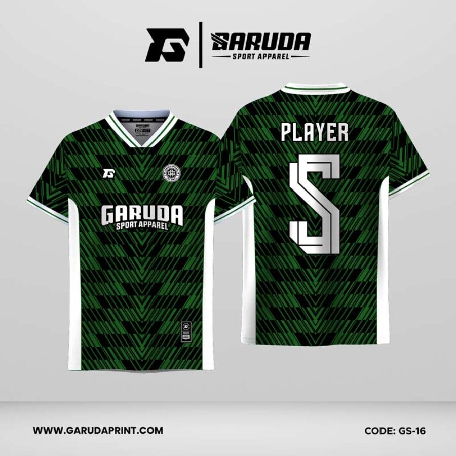 Jersey Futsal GS-16 Hitam Hijau Putih Motif Garis V Bertingkat seperti Tulang Daun