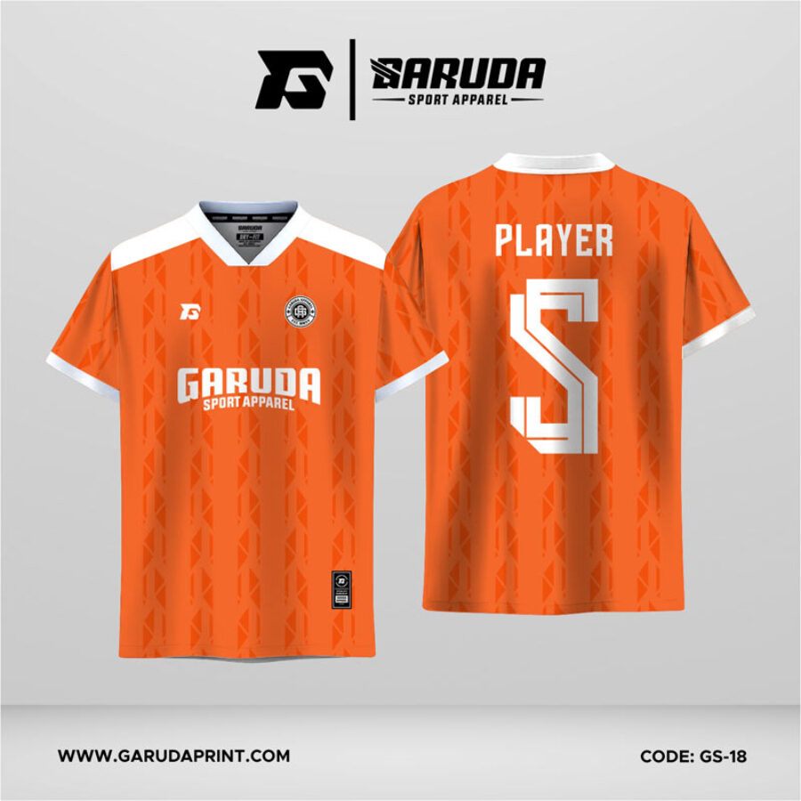 Jersey Futsal GS-18 Orange Putih Motif Geometris Vertikal dengan Potongan Miring Halus