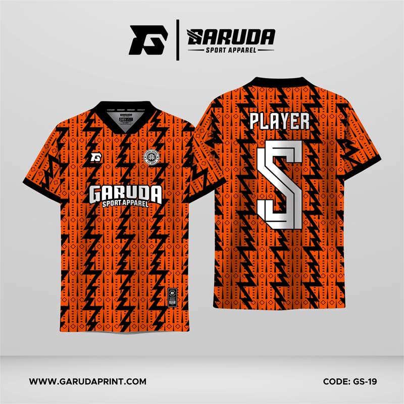 Jersey Futsal GS-19 Orange Hitam Motif Kilat Besar dan Ornamen Tribal Vertikal