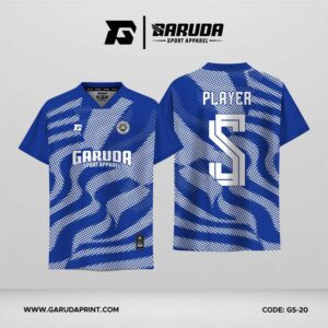 Jersey Futsal GS-20 Biru Putih Motif Wave Dot Matrix dengan Alur Melengkung Dinamis