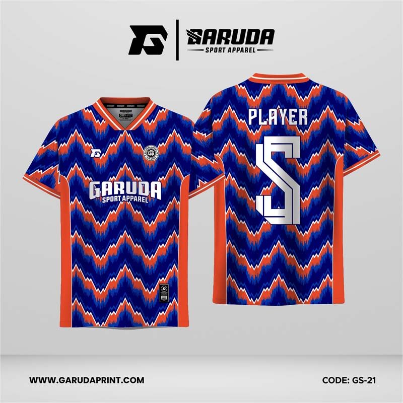 Jersey Futsal GS-21 Biru Orange Motif Gelombang Zigzag Ikat dengan Aksen Putih Tajam