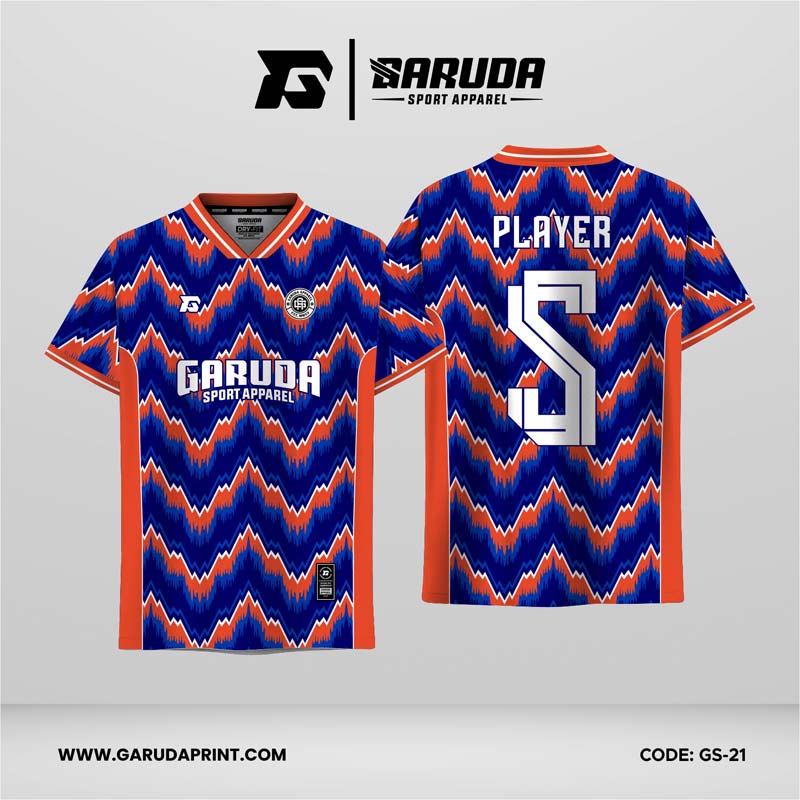 Jersey Futsal GS-21 Biru Orange Motif Gelombang Zigzag Ikat dengan Aksen Putih Tajam