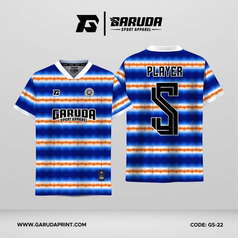 Jersey Futsal GS-22 Biru Putih Orange Motif Garis Horizontal Ikat dengan Efek Gradasi Serabut