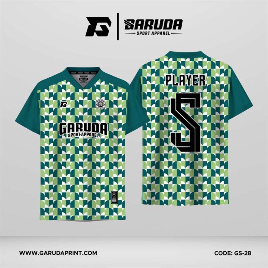 Jersey Futsal GS-28 Hijau Teal Putih Motif Mosaic Arch Repetitif yang Rapi dan Fresh