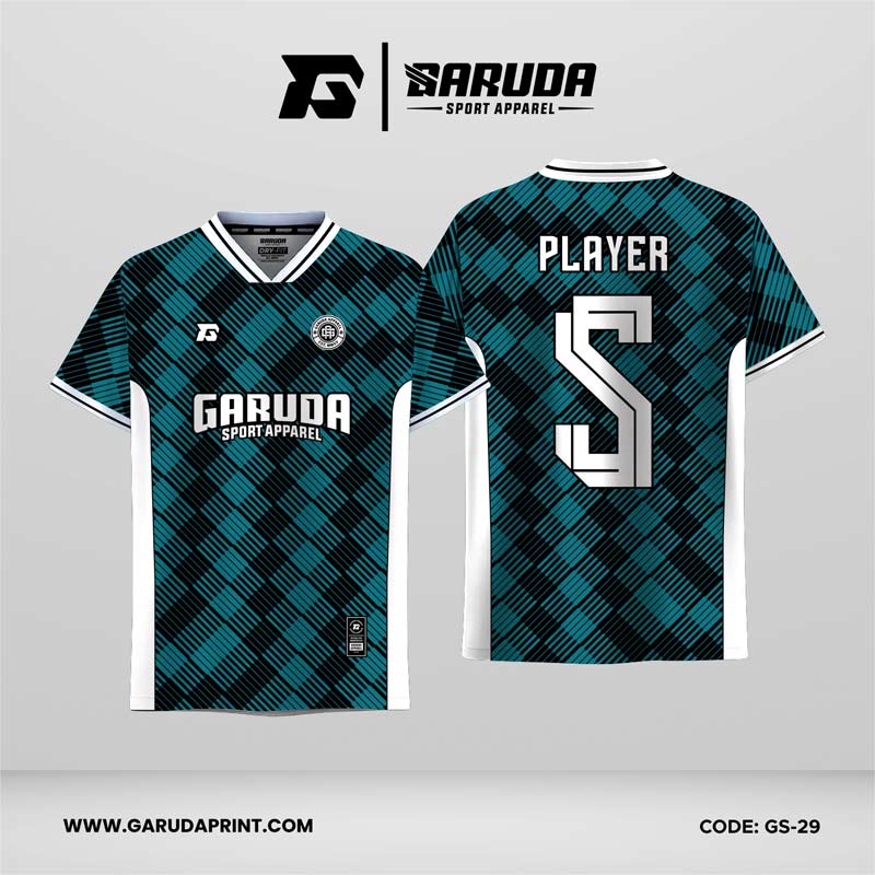 Jersey Futsal GS-29 Hitam Teal Putih Motif Diagonal Hatch Stripe yang Tegas dan Modern