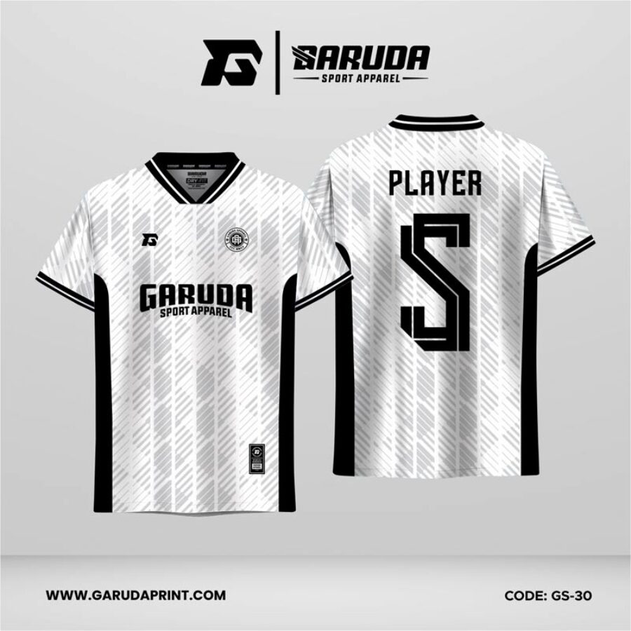 Jersey Futsal GS-30 Putih Abu Hitam Motif Stripe Vertikal dengan Arsiran Diagonal Halus