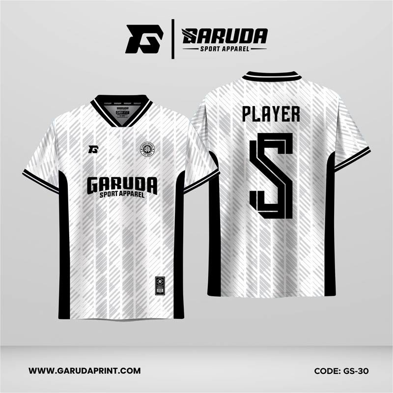 Jersey Futsal GS-30 Putih Abu Hitam Motif Stripe Vertikal dengan Arsiran Diagonal Halus
