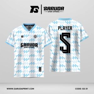Jersey Futsal GS-31 Putih Biru Muda Motif Houndstooth Zigzag Patah yang Clean dan Fresh