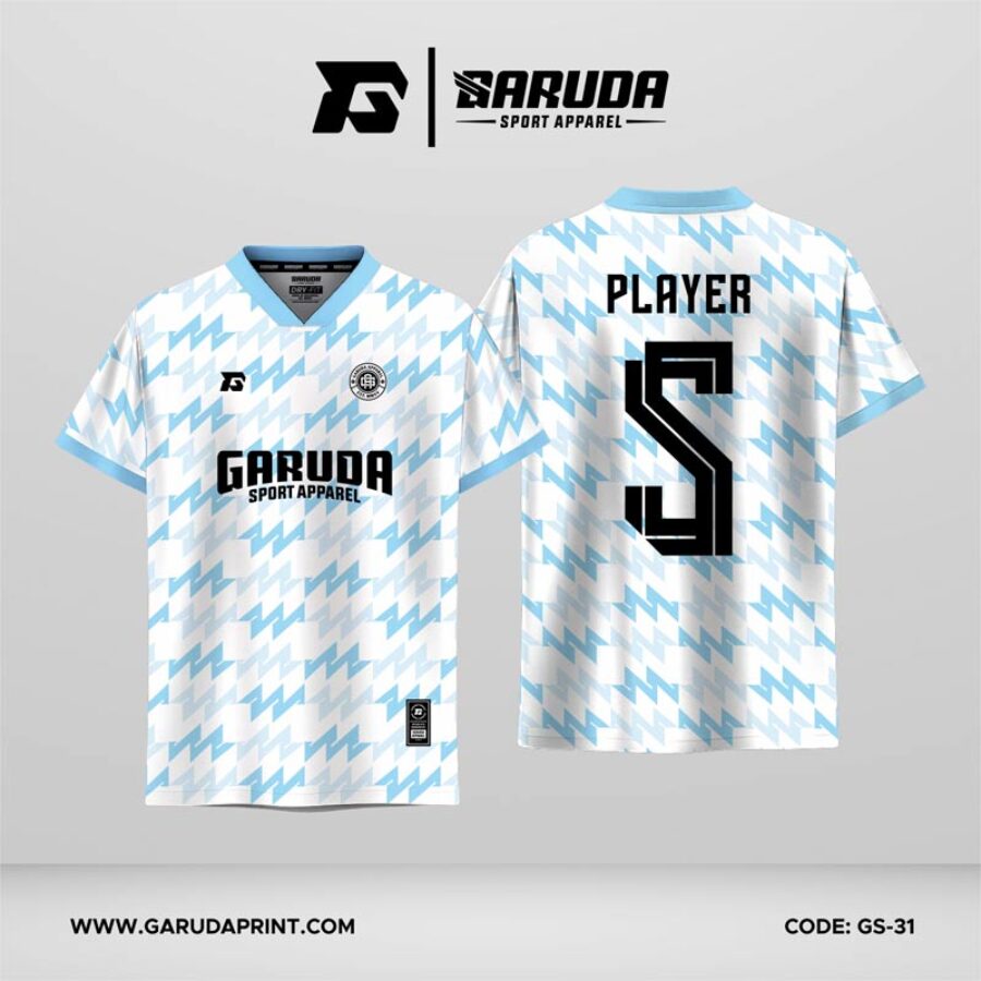 Jersey Futsal GS-31 Putih Biru Muda Motif Houndstooth Zigzag Patah yang Clean dan Fresh
