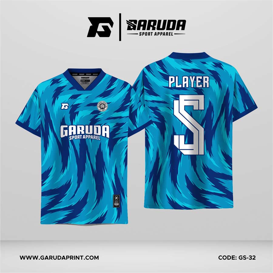 Jersey Futsal GS-32 Biru Cyan Navy Motif Brush Flame Abstrak yang Dinamis