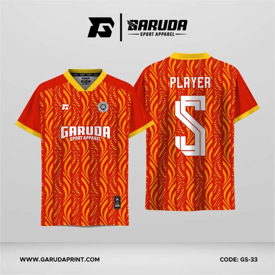Jersey Futsal GS-33 Merah Kuning Motif Flame Vertikal dengan Detail Dot Pattern