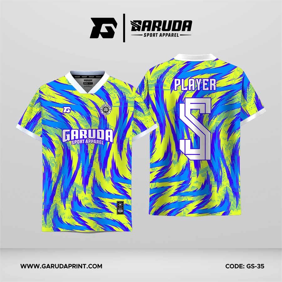 Jersey Futsal GS-35 Lime Neon Biru Ungu Motif Brush Slash Abstrak dengan Dot Texture