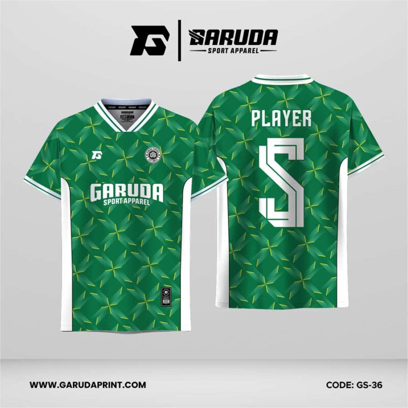 Jersey Futsal GS-36 Hijau Putih Motif Polygon Kristal dengan Aksen Starburst Lime