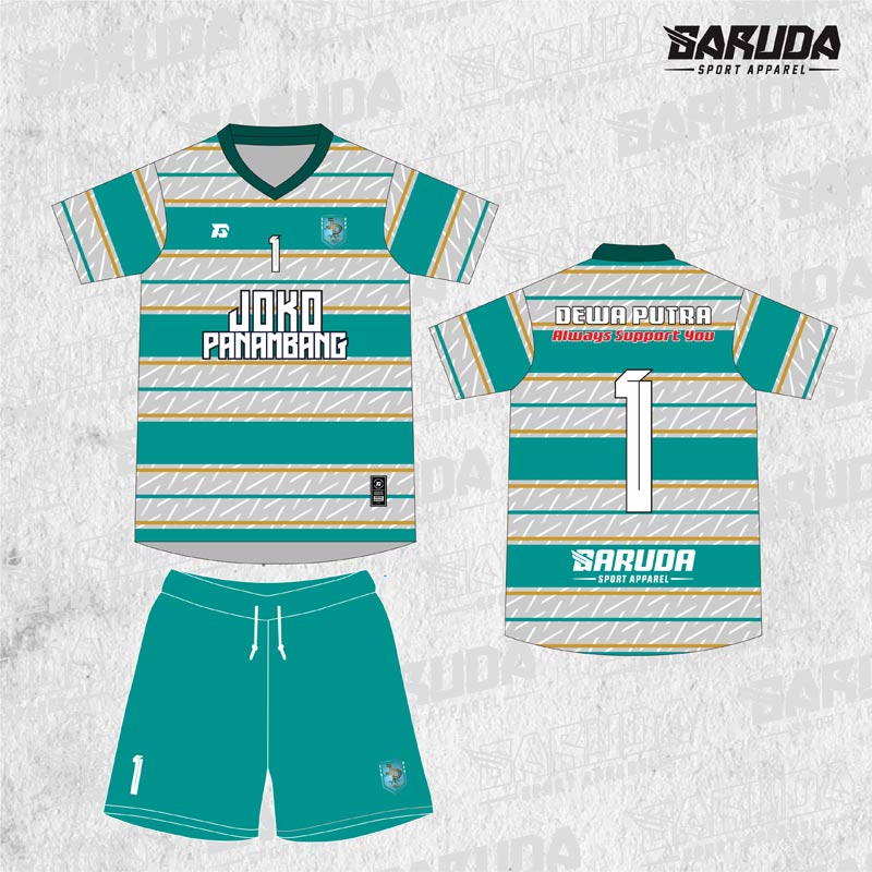 Jersey Futsal Joko Panambang Toska Abu Gold Motif Stripe Horizontal
