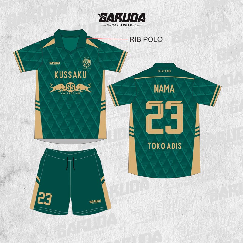 Jersey Futsal Kussaku Hijau Tua Aksen Krem dengan Motif Garis Silang Wajik