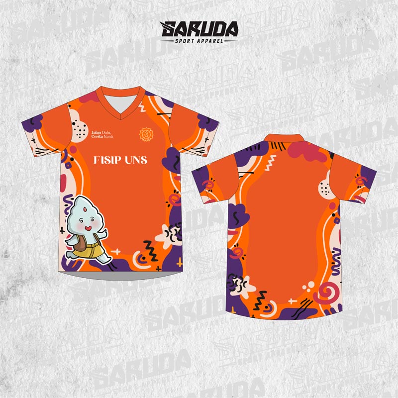 Jersey Olahraga FISIP UNS Oranye Ungu Motif Doodle Abstrak Ceria