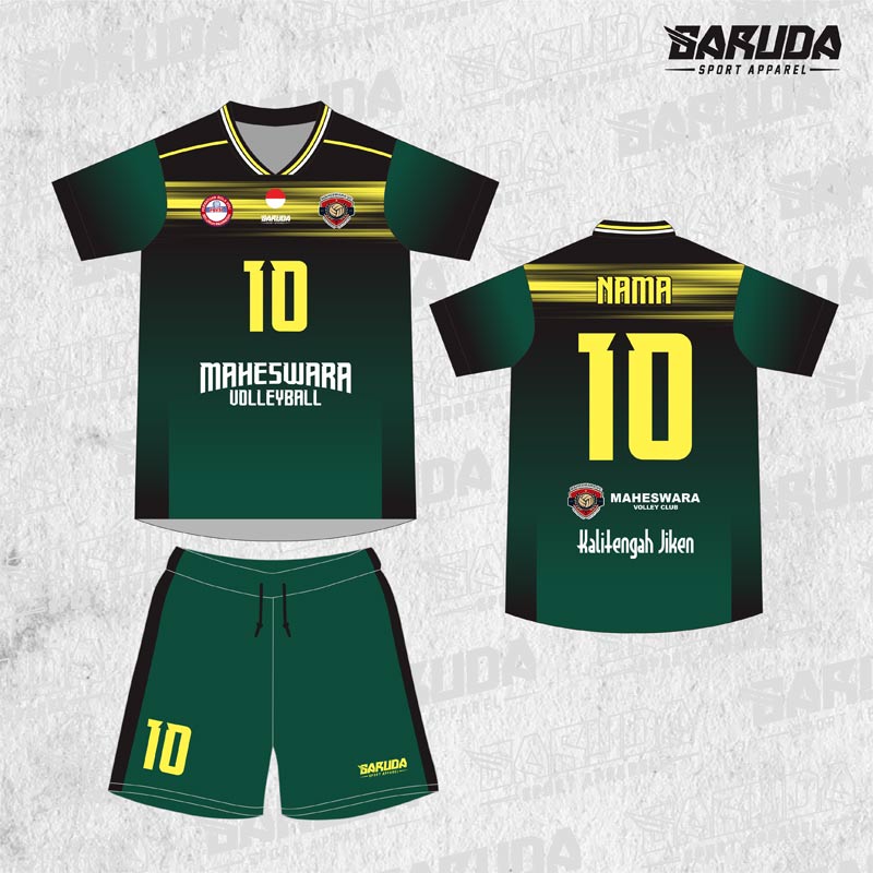Jersey Voli Maheswara Hijau Forest Hitam Motif Speed Line Horizontal Kuning