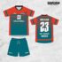 Jersey Voli RT ONE Merah Oranye dan Hijau Teal dengan Motif Garis Bertingkat Diagonal